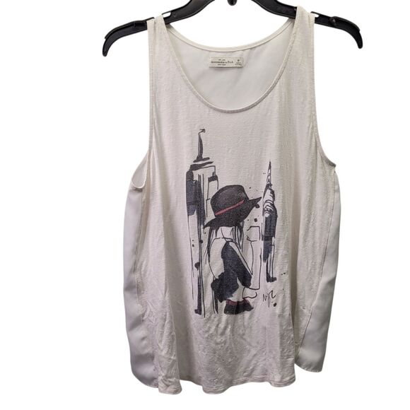 Abercrombie & Fitch Graphic Print Sleeveless Top Tank Open Back White Medium Use - Picture 1 of 10